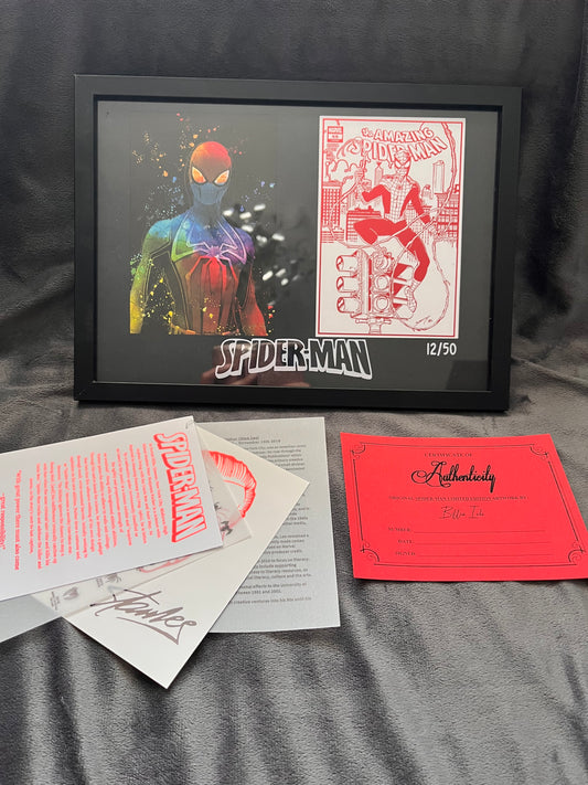 Introducing our Exclusive Limited Edition A4 Framed Spider-Man Print - a true collector's gem! With only 50 prints available worldwide, this vibrant Spider-Man artwork is a visual delight. Featuring a colourful Spider-Man illustration alongside a mesmerising foil-printed comic cover, this piece is a must-have for Spidey enthusiasts and art connoisseurs alike.