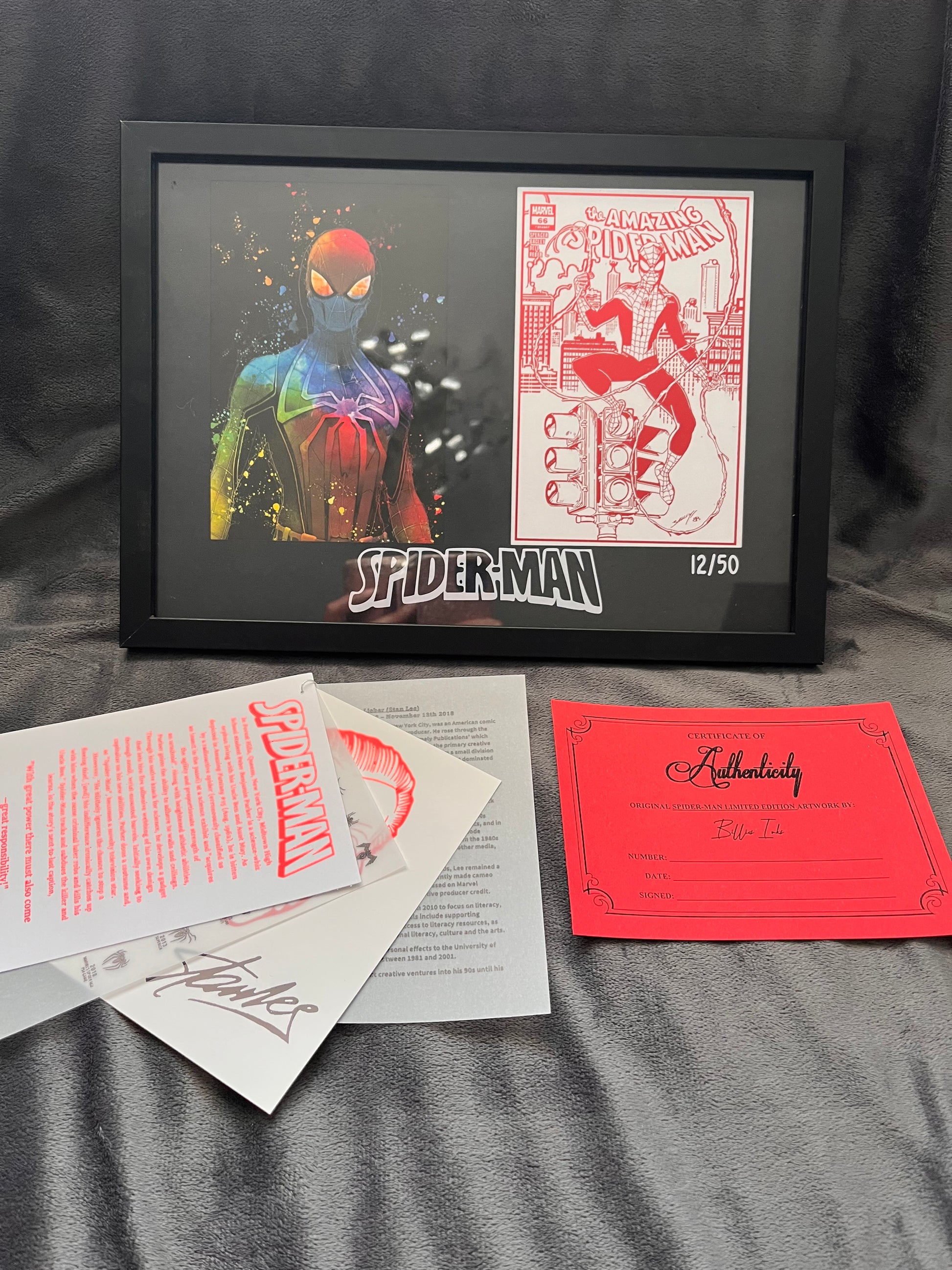 Introducing our Exclusive Limited Edition A4 Framed Spider-Man Print - a true collector's gem! With only 50 prints available worldwide, this vibrant Spider-Man artwork is a visual delight. Featuring a colourful Spider-Man illustration alongside a mesmerising foil-printed comic cover, this piece is a must-have for Spidey enthusiasts and art connoisseurs alike.
