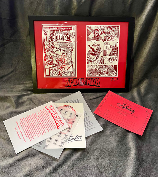 Introducing a superhero collector's dream - the limited edition, framed, Spider-Man comic cover and comic strip foil print, encased in a red frame. This exclusive masterpiece celebrates the iconic web-slinger in a unique and captivating manner, making it an absolute must-have for every true Spider-Man enthusiast.