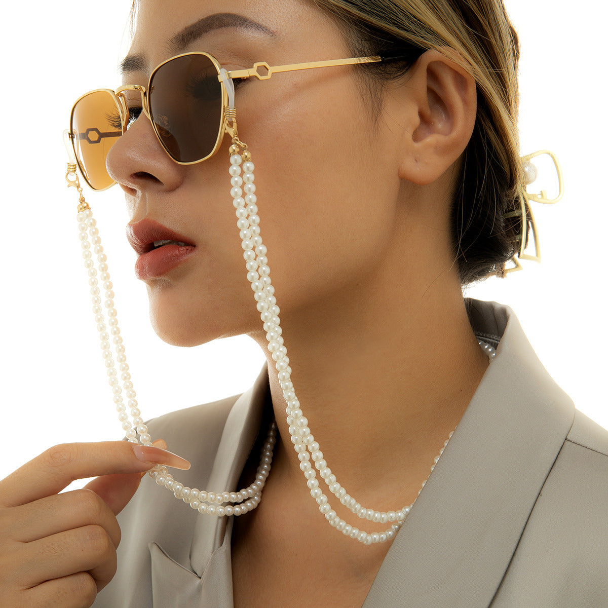 Jewelry Retro Pearl Double Woven Halterneck Glasses Chain