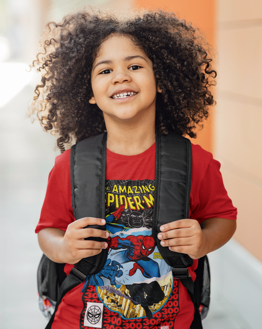 Dive into the world of Spider-Man with our kids ripped brush print, set of 3 comic cover t-shirt. Includes the 100th, 200th and 300th edition of The Amazing Spider-Man comics. Crafted for ultimate comfort, this unisex soft-style t-shirt redefines casual wear. Made from luxuriously soft materials, the tee boasts 100% ring-spun cotton for solid colours, providing a blend of comfort and durability. 