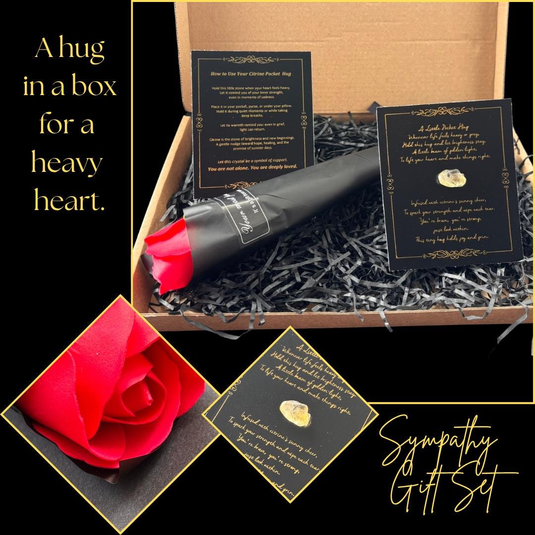 Sympathy Gift Set with Citrine Pocket Hug & Faux Rose
