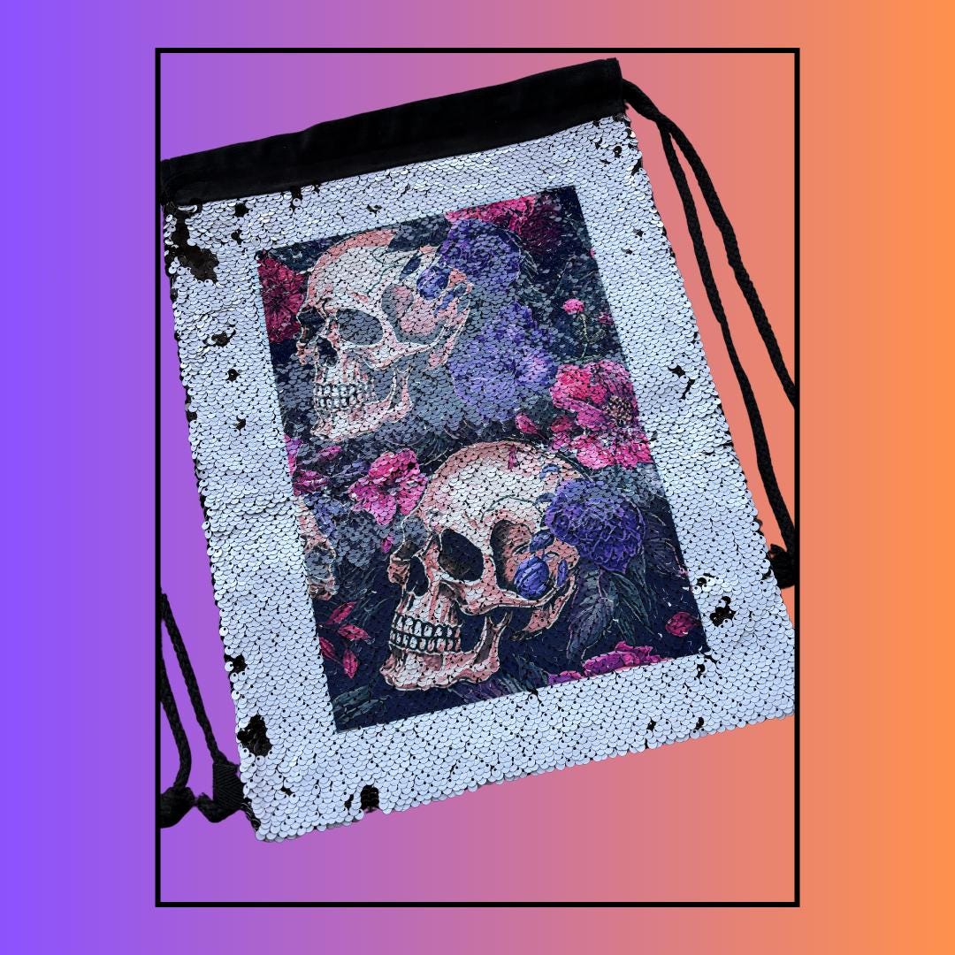 Floral Skull Sequin Drawstring Bag