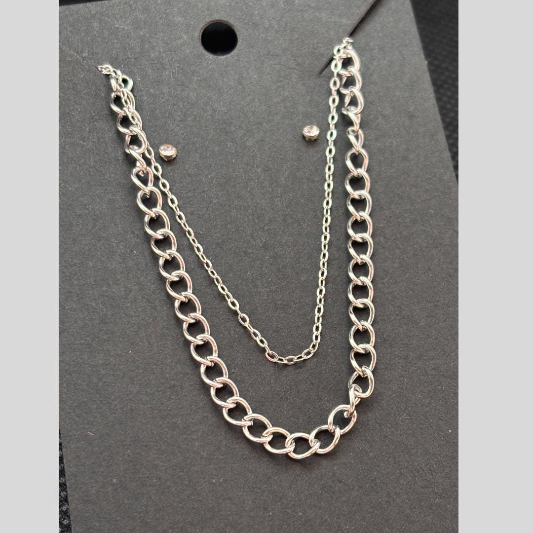 Silver Stainless Steel Bracelet Set & Crystal Stud Earrings