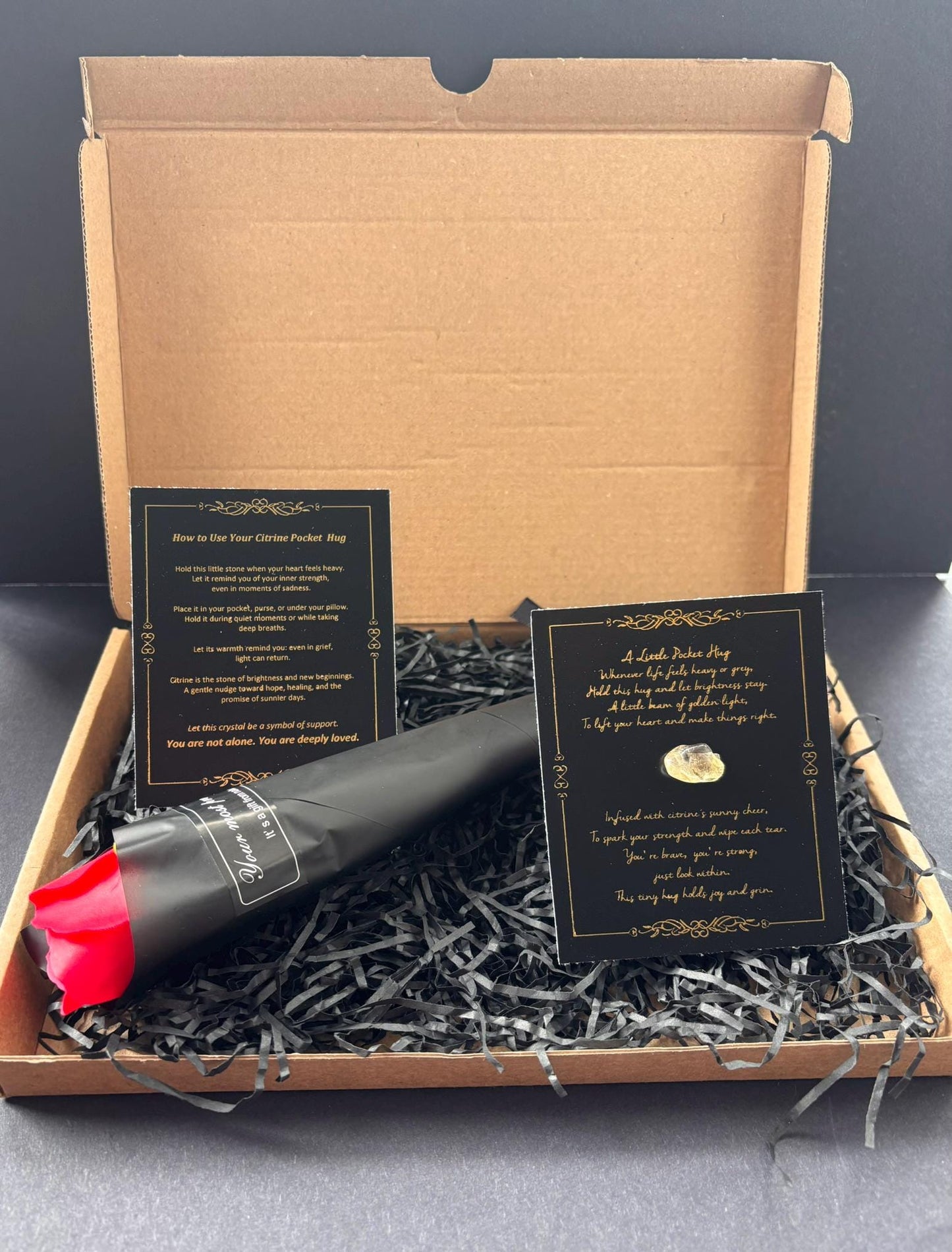 Sympathy Gift Set with Citrine Pocket Hug & Faux Rose