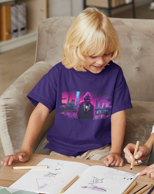 Dive into the world of Spider-Man with our kids splash print t-shirt, a dynamic blend of superhero style and unbeatable comfort. Featuring a striking image of a hooded Spider-Man against a backdrop of a purple-hued cityscape, this tee is sure to turn heads. Crafted for ultimate comfort, this unisex soft-style t-shirt redefines casual wear.