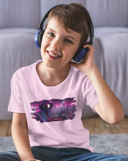 Dive into the world of Spider-Man with our kids splash print t-shirt, a dynamic blend of superhero style and unbeatable comfort. Featuring a striking image of a hooded Spider-Man against a backdrop of a purple-hued cityscape, this tee is sure to turn heads. Crafted for ultimate comfort, this unisex soft-style t-shirt redefines casual wear.