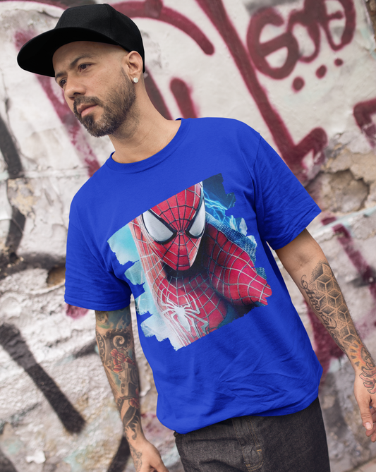 Dive into the world of Spider-Man with our brush print t-shirt, a dynamic blend of superhero style and unbeatable comfort. Featuring a striking image of a hooded Spider-Man against a backdrop of a purple-hued cityscape, this tee is sure to turn heads. Crafted for ultimate comfort, this unisex soft-style t-shirt redefines casual wear. 