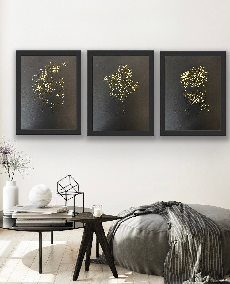 Set of 3 Face, One Line Drawing Foil Prints Black/Gold