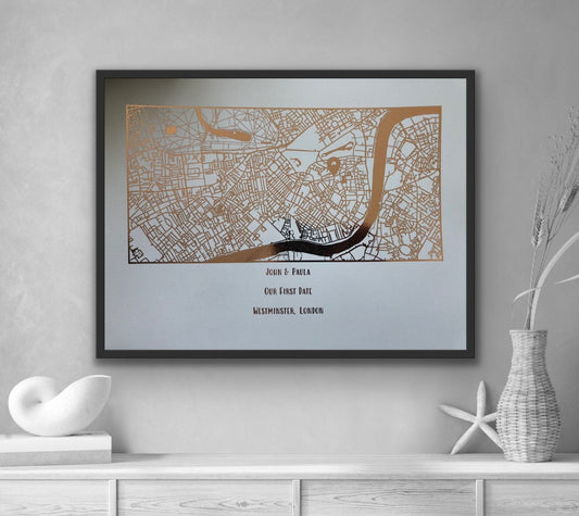 First Date Map, Foil Print, Anniversary Gift, Valentines Gift, Gifts For Her, Map Print, Map Foil Print, Unique Gift, Romantic Gift