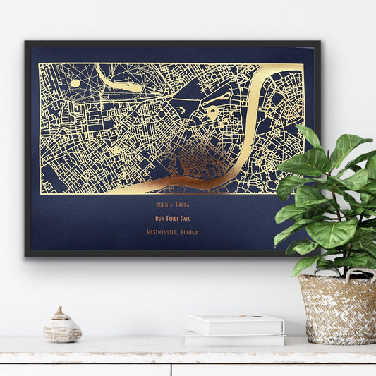 First Date Map, Foil Print, Anniversary Gift, Valentines Gift, Gifts For Her, Map Print, Map Foil Print, Unique Gift, Romantic Gift