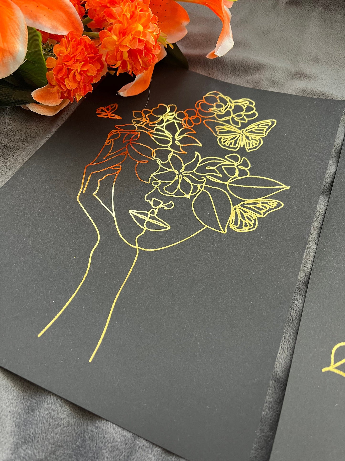 Set of 3 Face, One Line Drawing Foil Prints Black/Gold