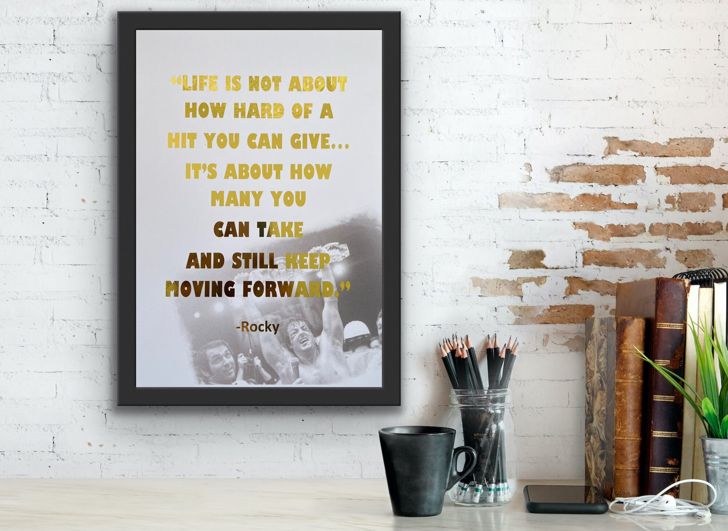 Bring some motivation and inspiration to your home with our Rocky Balboa positive slogan foil print. This print features a bold and vibrant foil design of a famous quote from the iconic movie character. It's the perfect addition to any home gym, office, or living space. Hang it up as a daily reminder to stay motivated and keep pushing towards your goals.