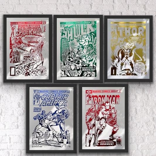 Set of 5 Prints, Hulk Gift, Spider-Man Gift, Thor Print, Iron Man Gifts, Captain America Print, Marvel Prints, Marvel Gifts, Unique Gifts, Foil Print, Superhero Gifts, Gifts For Him, Comic Cover Prints, Comic Covers