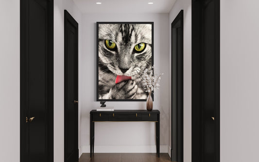 Black & Grey Tabby Cat Licking Paw Print Digital Download