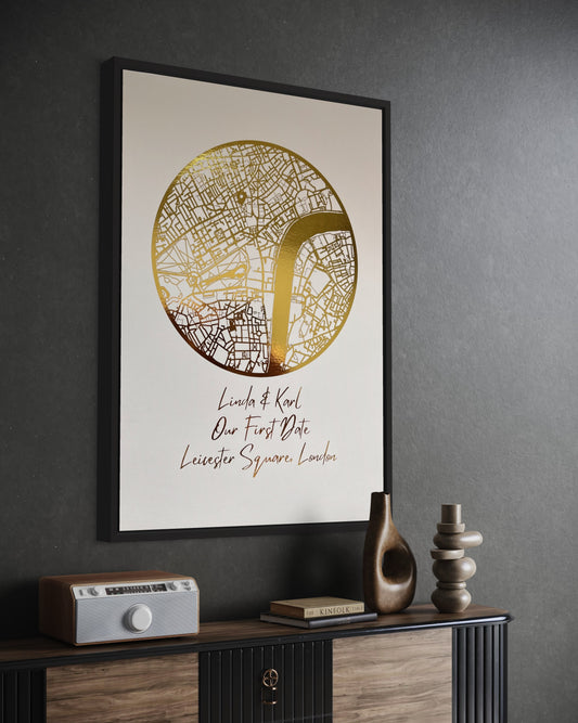 Capture the essence of your unforgettable first date with our exquisite "First Date" gold foil printed circle shaped map. This beautifully crafted and personalised art piece is designed to commemorate the moment that started it all, the spark that ignited your love story. Crafted with precision and care, this unique keepsake is the perfect way to relive the magic of your beginning and celebrate your love.