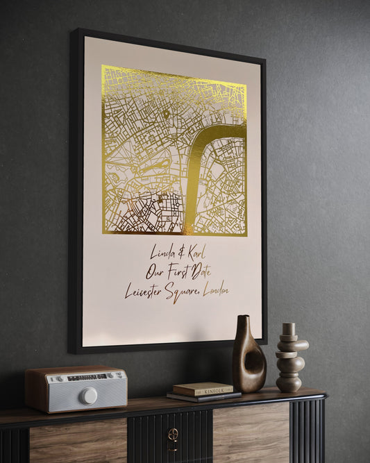 Capture the essence of your unforgettable first date with our exquisite "First Date" gold foil printed square shaped map. This beautifully crafted and personalised art piece is designed to commemorate the moment that started it all, the spark that ignited your love story. Crafted with precision and care, this unique keepsake is the perfect way to relive the magic of your beginning and celebrate your love.