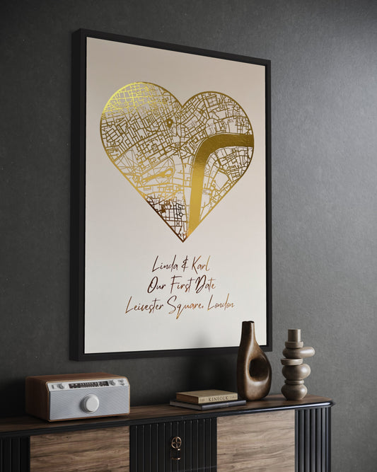 Capture the essence of your unforgettable first date with our exquisite "First Date" gold foil printed heart shaped map. This beautifully crafted and personalised art piece is designed to commemorate the moment that started it all, the spark that ignited your love story. Crafted with precision and care, this unique keepsake is the perfect way to relive the magic of your beginning and celebrate your love.