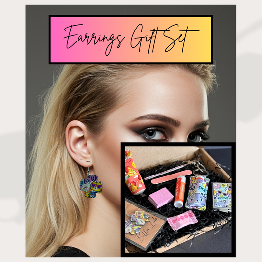 Funky Cats Handbag Essentials Gift Set –  Earrings, Lipstick Holder, Nail and Skincare Treats