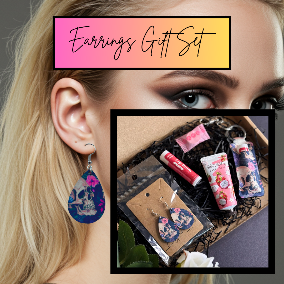 Floral Skull Earrings & Lipstick Holder Gift Set