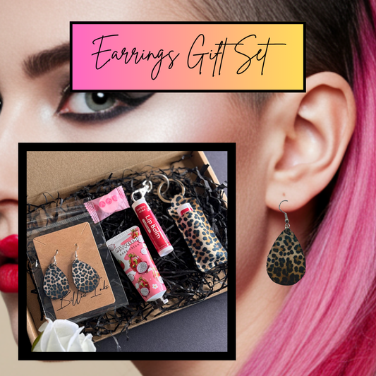 Glitter Sides Leopard Print Earrings & Lipstick Holder Gift Set