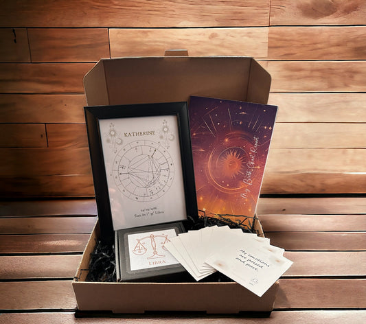 Astrology gift set, includes framed foil print of your birth chart, birth chart report book and affirmation cards relevant to your zodiac sign.