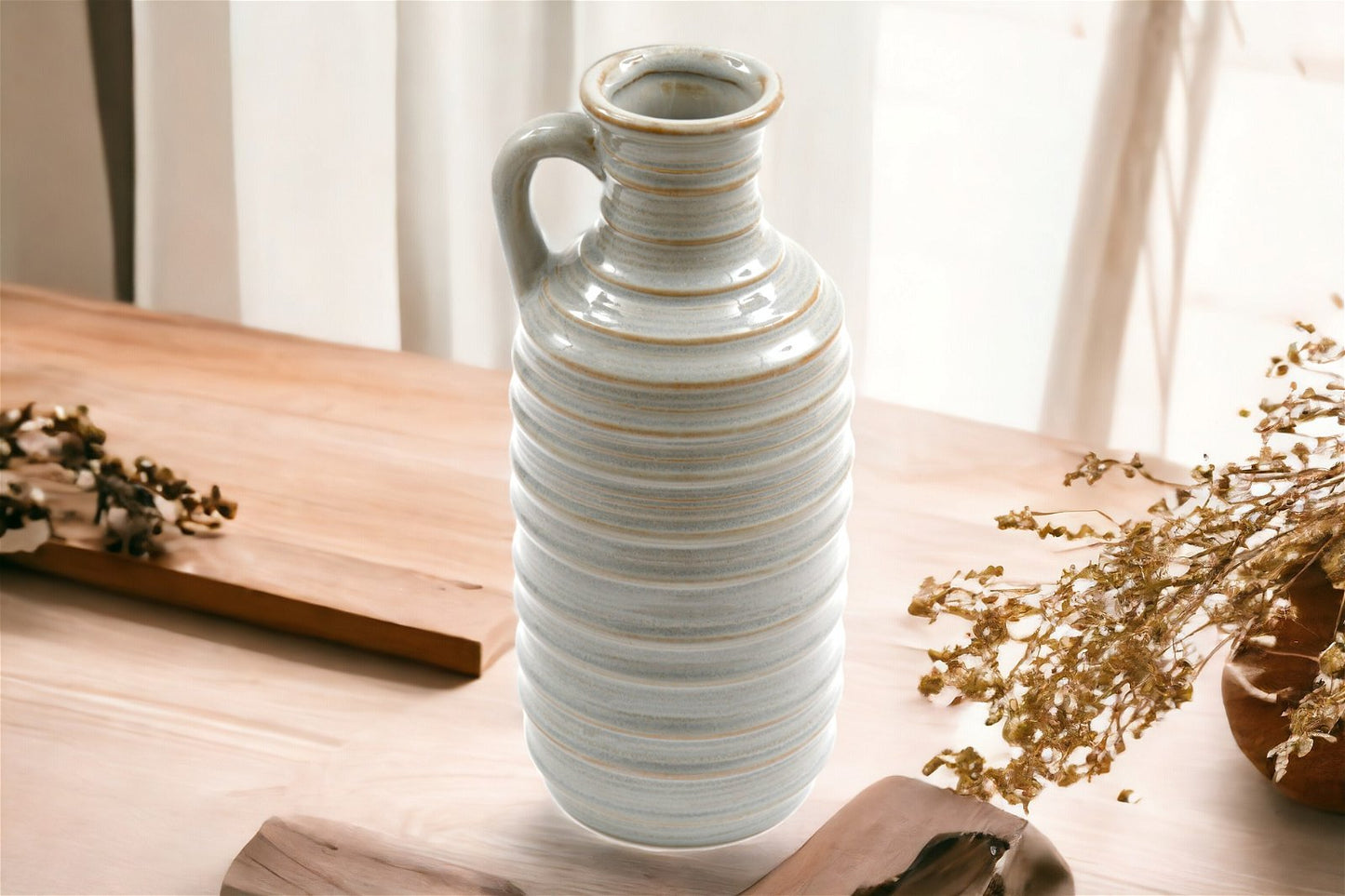 Ceramic Grey Ribbed Vase With Handle 27cm