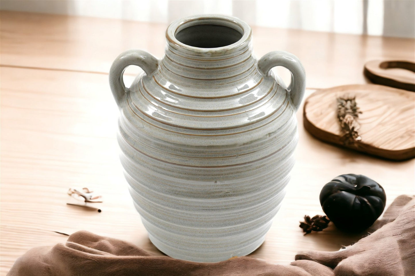 Ceramic Grey Ribbed Vase With Handles 20cm