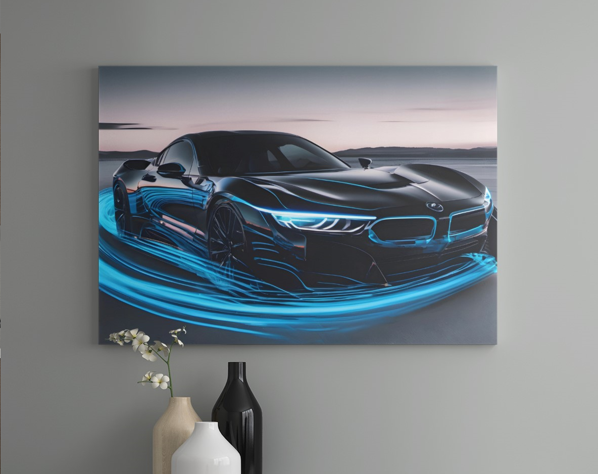 Experience the speed of light with our long exposure car canvas print, a mesmerising blend of motion and style. This stunning artwork captures the essence of speed and dynamism, showcasing a sleek sports car in a striking combination of black and electric blue. 