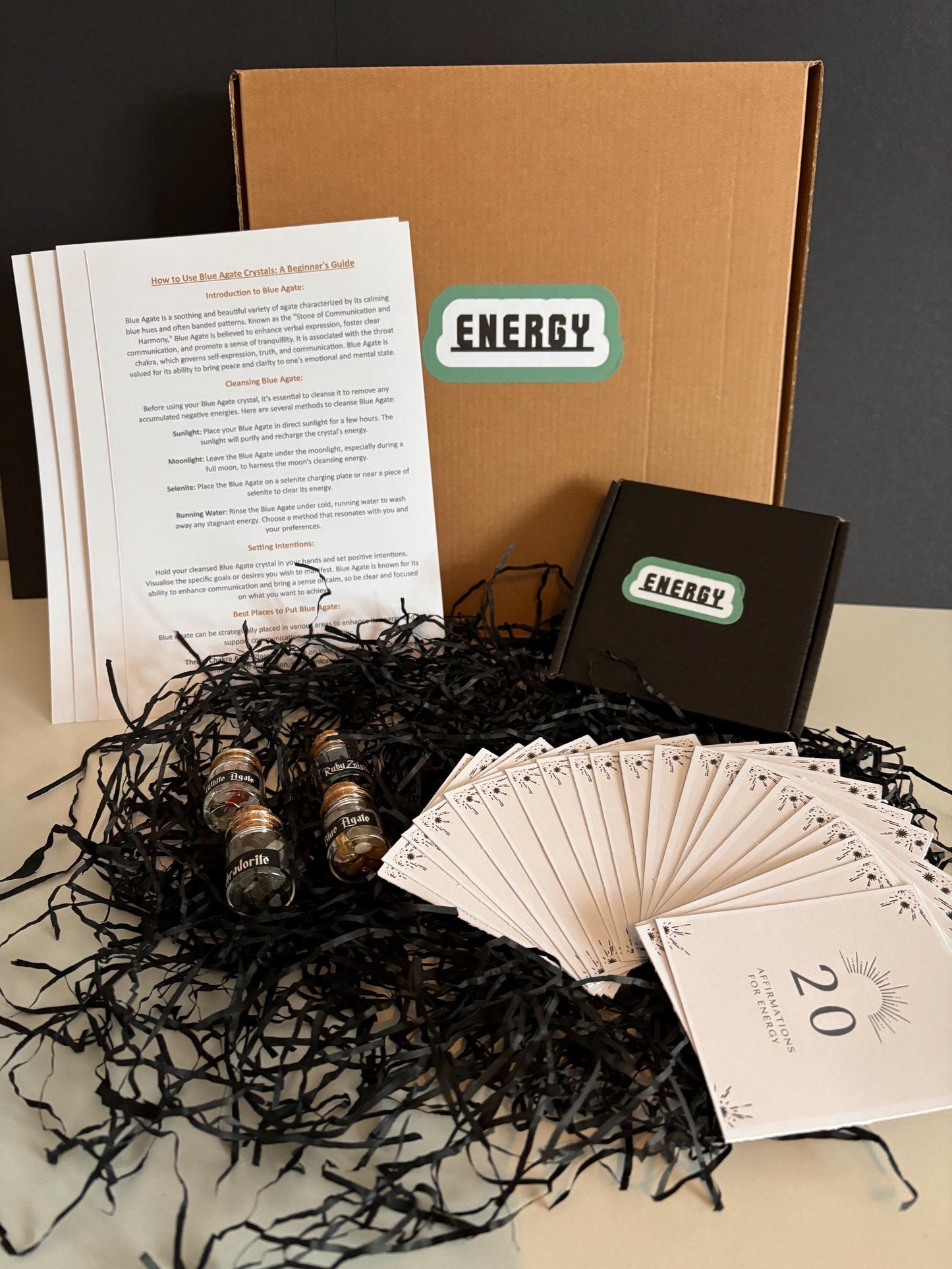 Energy Gift Set - Crystals, Affirmation Cards & Beginner's Guide | Boost Motivation, Positivity and Focus, One of a Kind Gift Set