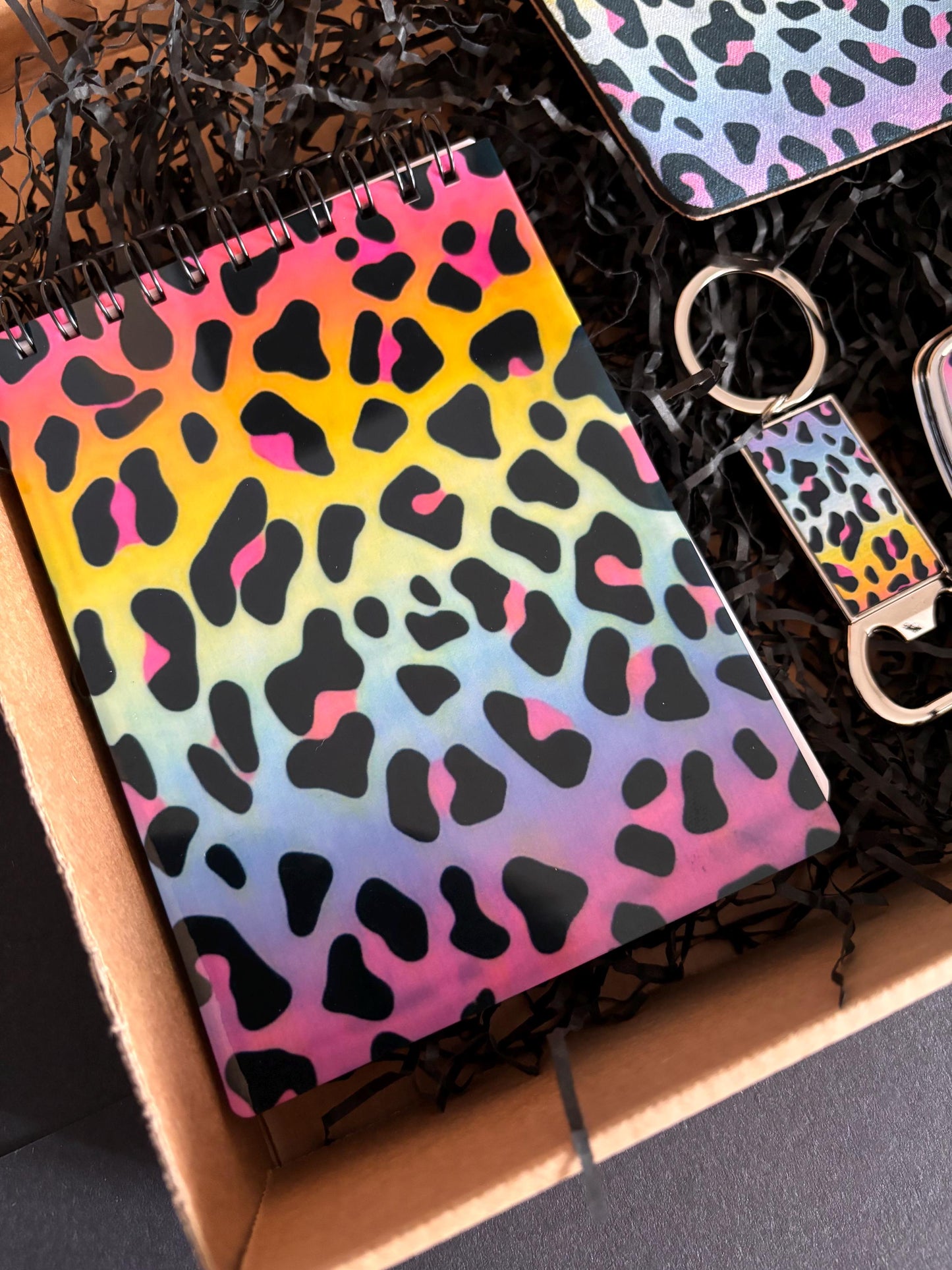 Bright and Colourful Leopard Print Gift Set, Bottle Opener Keyring, Coaster, Compact Mirror, & Notepad Practical Gift Set, Birthday Gift Box