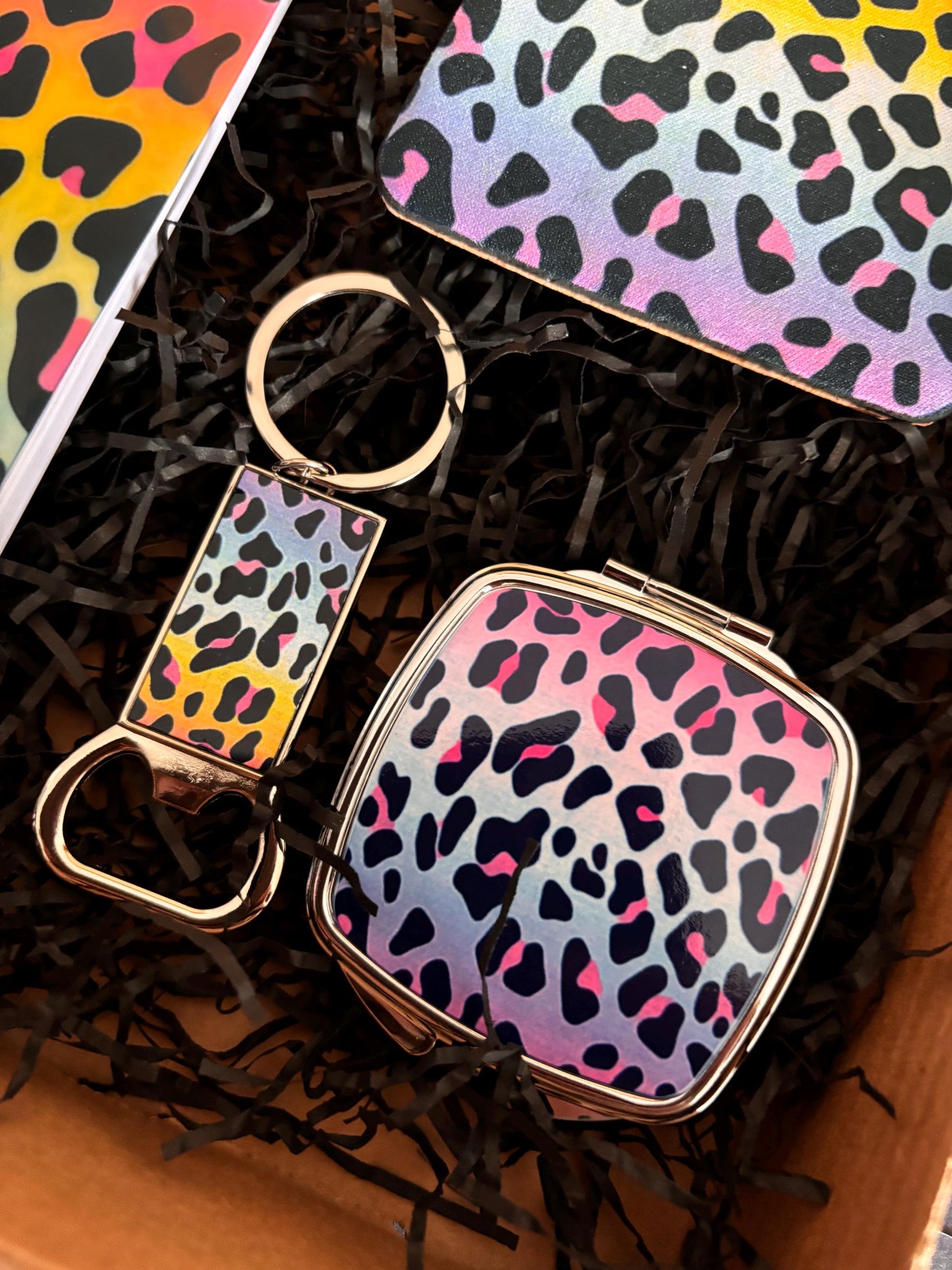 Bright and Colourful Leopard Print Gift Set, Bottle Opener Keyring, Coaster, Compact Mirror, & Notepad Practical Gift Set, Birthday Gift Box