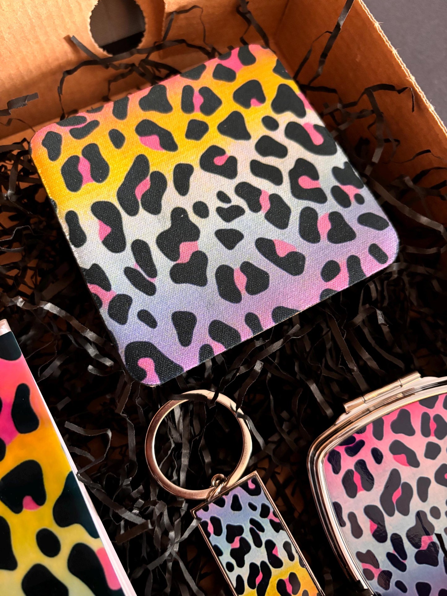 Bright and Colourful Leopard Print Gift Set, Bottle Opener Keyring, Coaster, Compact Mirror, & Notepad Practical Gift Set, Birthday Gift Box