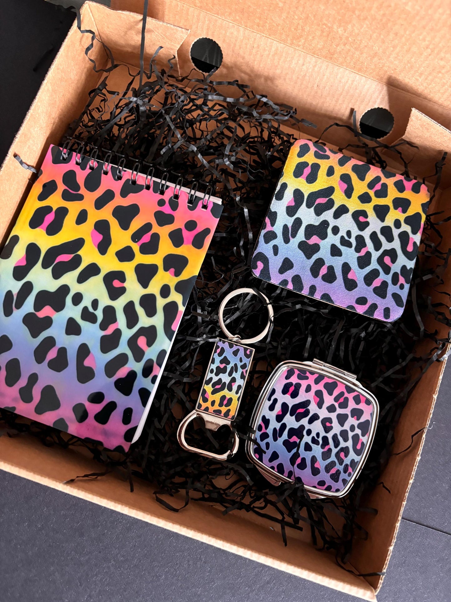 Bright and Colourful Leopard Print Gift Set, Bottle Opener Keyring, Coaster, Compact Mirror, & Notepad Practical Gift Set, Birthday Gift Box