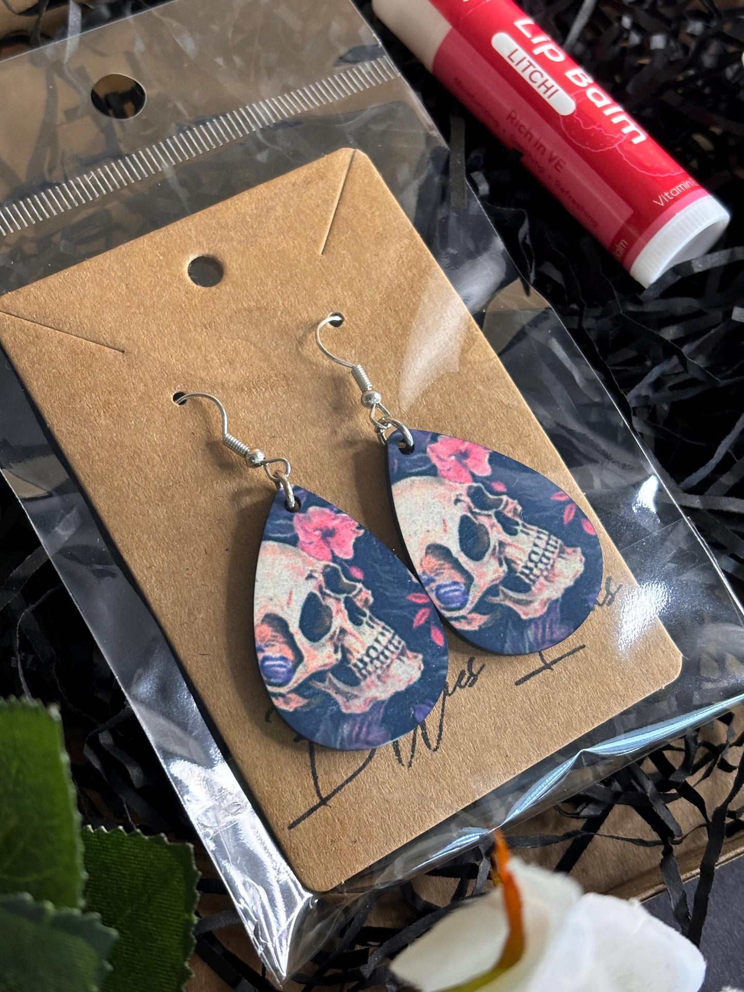 Floral Skull Earrings & Lipstick Holder Gift Set | Hand Cream, Lip Balm, Face Mask | Unique Gothic Jewellery and Skincare Set, Gift Sets