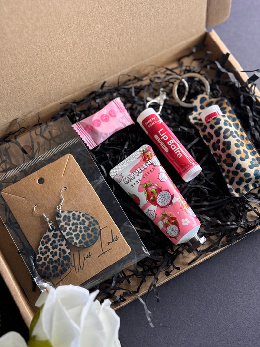 Leopard Print Earrings & Lipstick Holder Gift Set,  Hand Cream, Lip Balm, Face Mask,  Stylish Jewellery and Skincare Gift Set, Friends Gifts