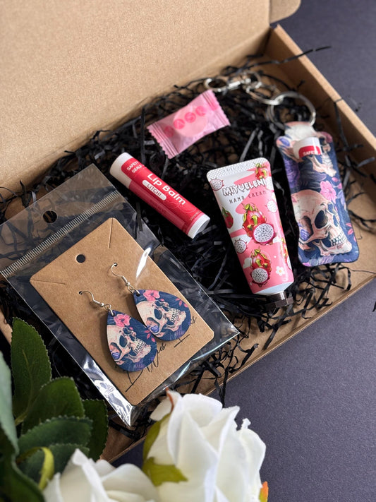 Floral Skull Earrings & Lipstick Holder Gift Set | Hand Cream, Lip Balm, Face Mask | Unique Gothic Jewellery and Skincare Set, Gift Sets