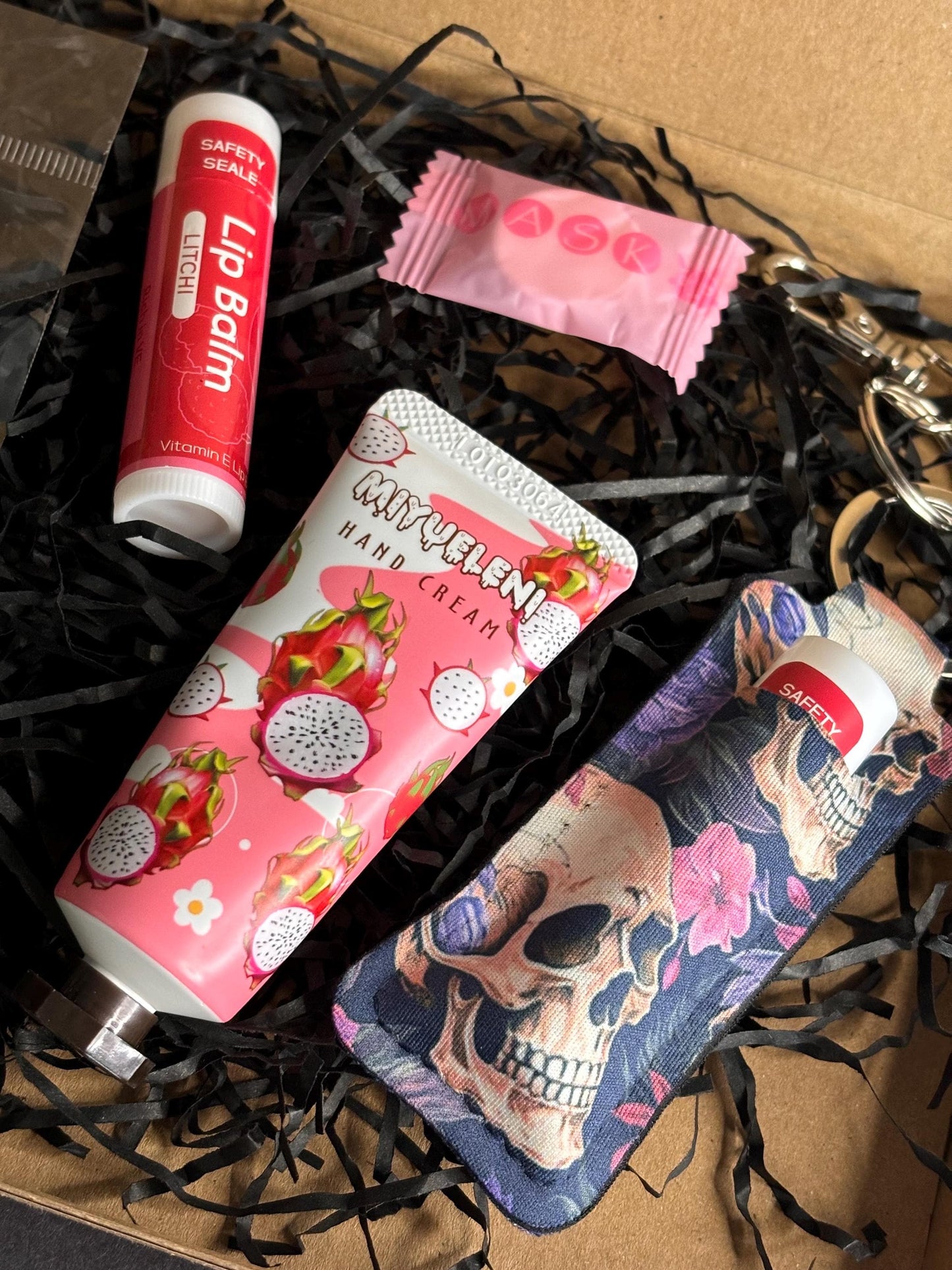 Floral Skull Earrings & Lipstick Holder Gift Set | Hand Cream, Lip Balm, Face Mask | Unique Gothic Jewellery and Skincare Set, Gift Sets