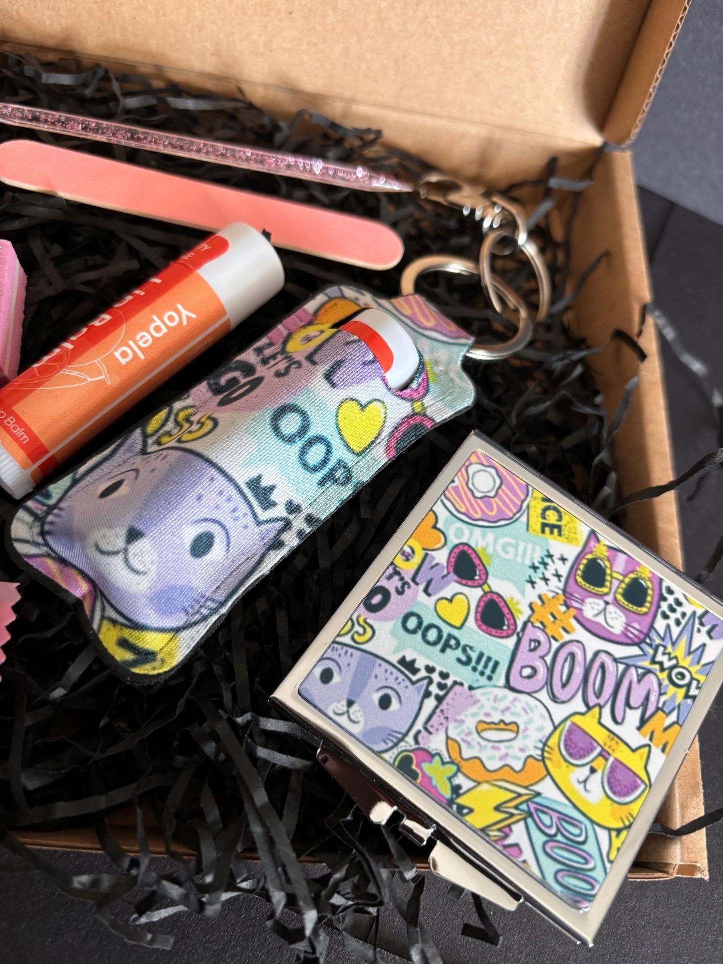 Funky Cats Handbag Essentials Gift Set –  Earrings, Lipstick Holder, Nail and Skincare Treats