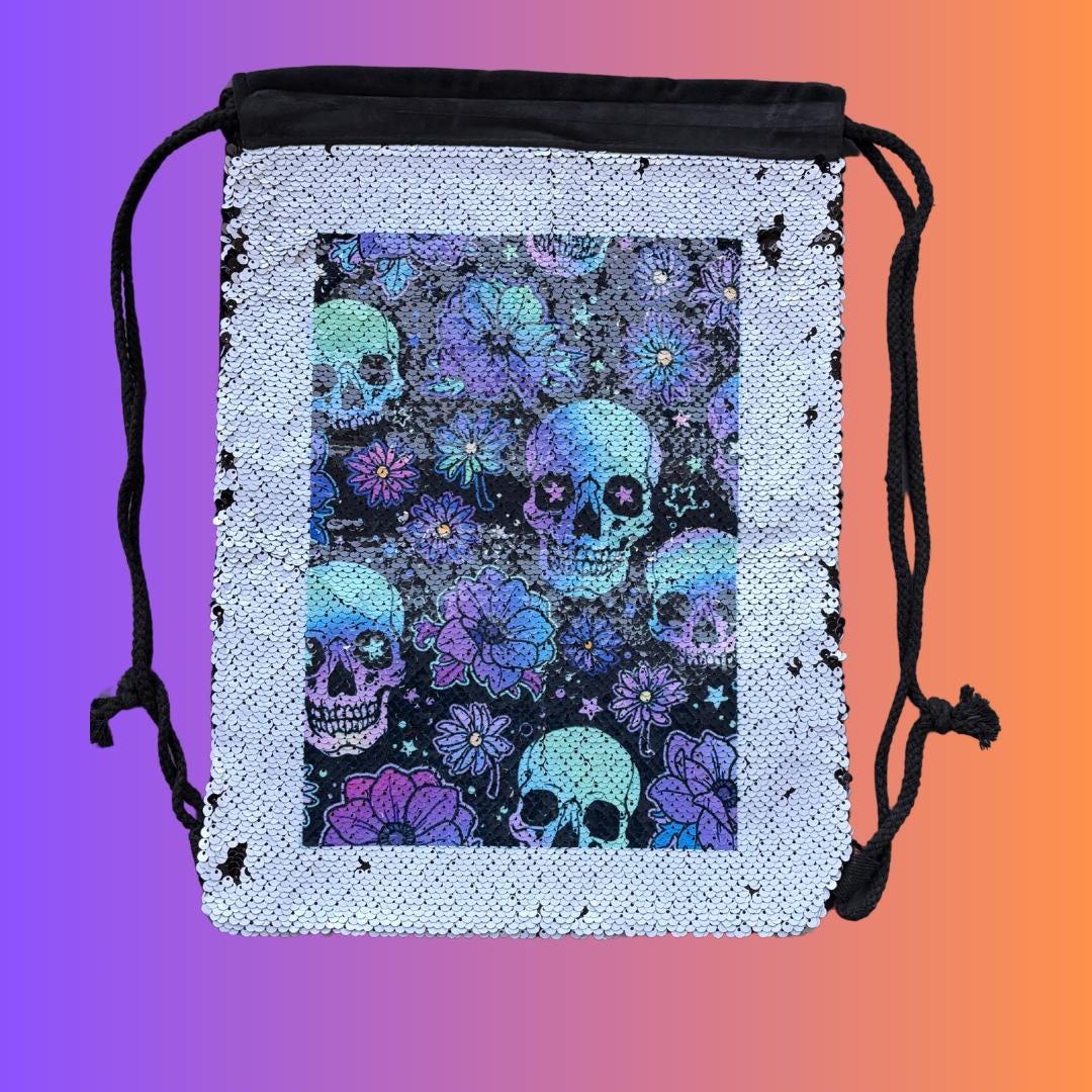 Cyberpunk Skull Sequin Drawstring Bag