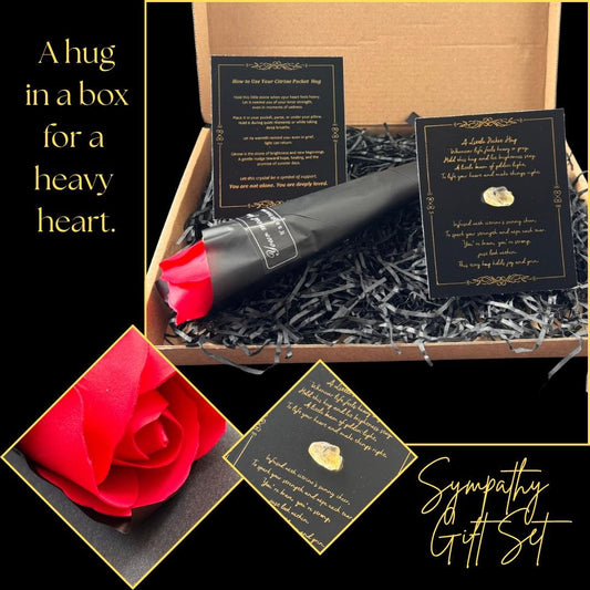 Sympathy Gift Set with Citrine Pocket Hug & Faux Rose