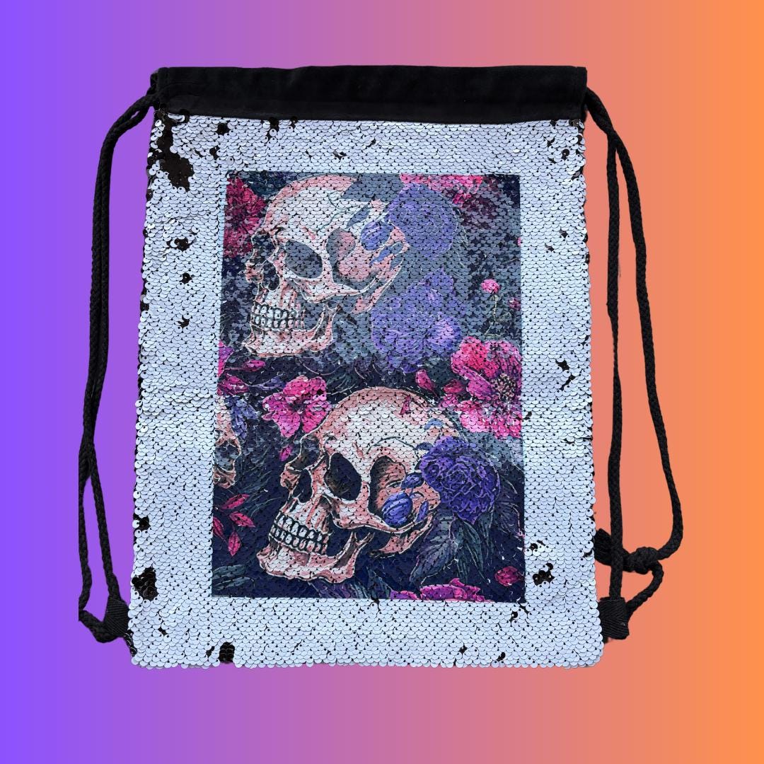 Floral Skull Sequin Drawstring Bag