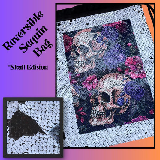 Floral Skull Sequin Drawstring Bag