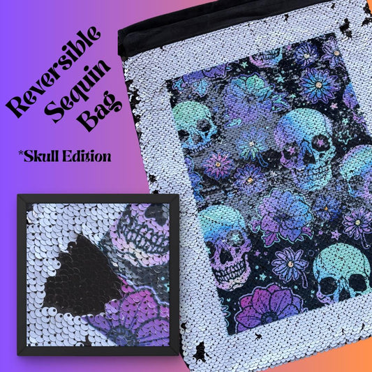 Cyberpunk Skull Sequin Drawstring Bag