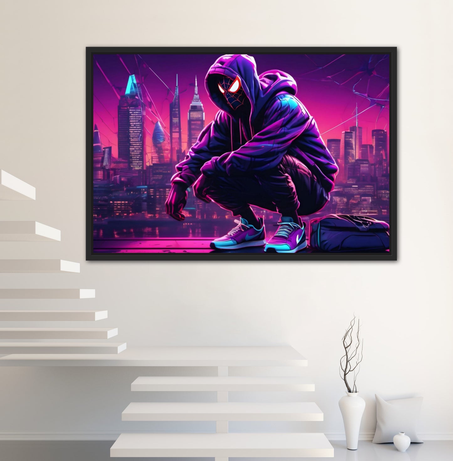 Spider-Man Prints, , Spider Man Gifts, Unique Gifts, Spider-Man Prints, Large Prints, Hooded Spiderman, Purple Prints, City Skyline Art