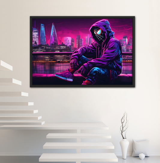 Spider-Man Prints, , Spider Man Gifts, Unique Gifts, Spider-Man Prints, Large Prints, Hooded Spiderman, Purple Prints, City Skyline Art