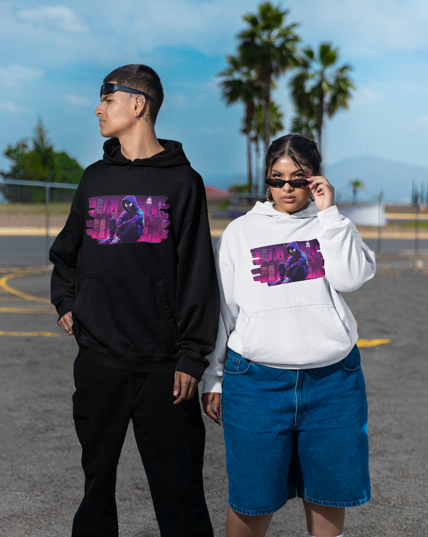 Dive into the world of Spider-Man with our splash print hoodie, a dynamic blend of superhero style and unbeatable comfort. Featuring a striking image of a hooded Spider-Man against a backdrop of a purple-hued cityscape, this tee is sure to turn heads. 