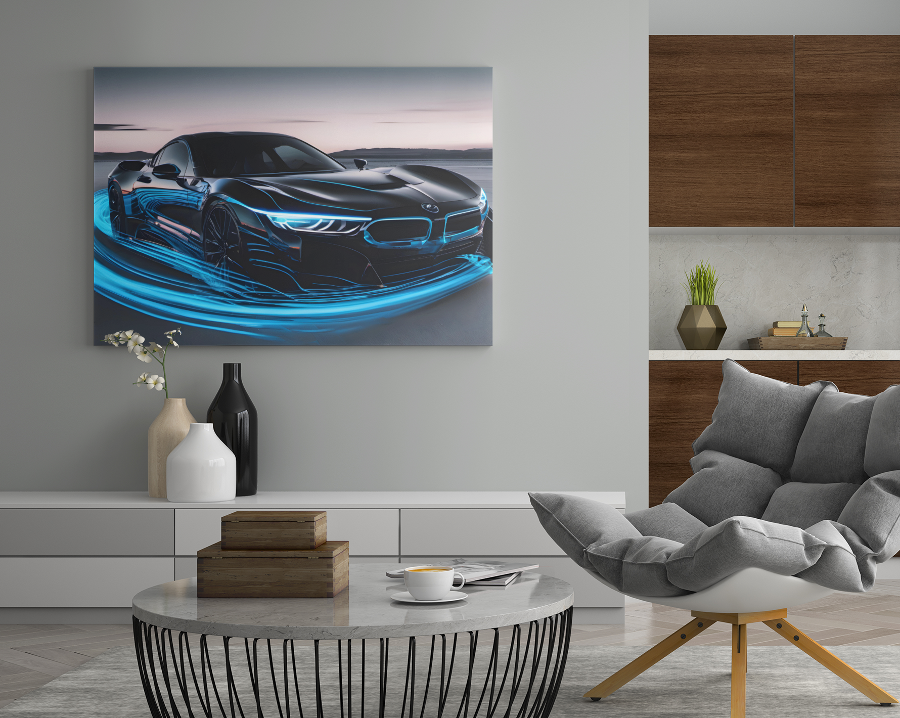 Experience the speed of light with our long exposure car canvas print, a mesmerising blend of motion and style. This stunning artwork captures the essence of speed and dynamism, showcasing a sleek sports car in a striking combination of black and electric blue. 