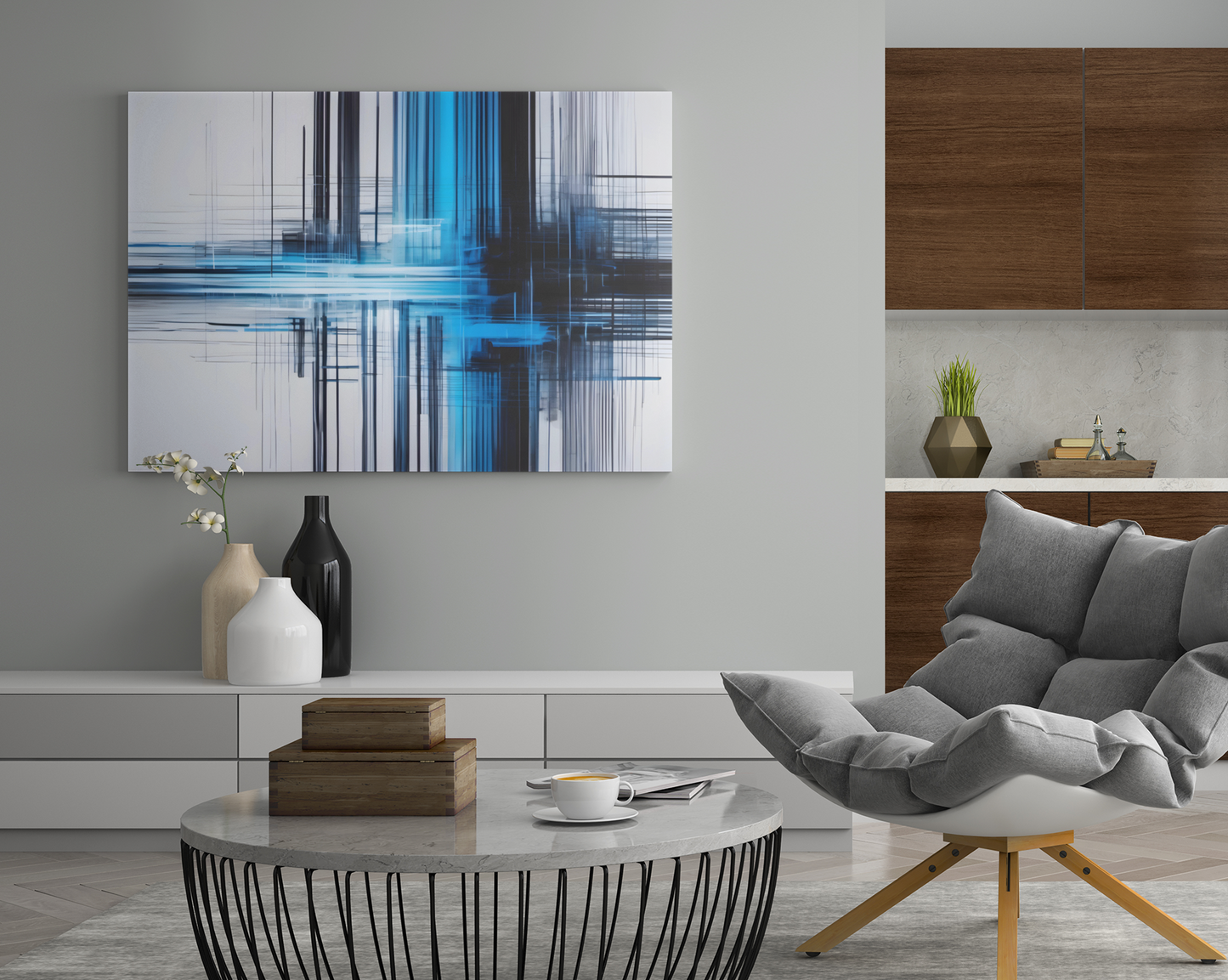 Black, blue and grey abstract canvas print. Whether displayed in your living room, bedroom, or office, this canvas print adds a touch of elegance and artistic flair to any setting. It's a versatile piece that complements both modern and traditional decor styles, making it a timeless addition to your collection. 