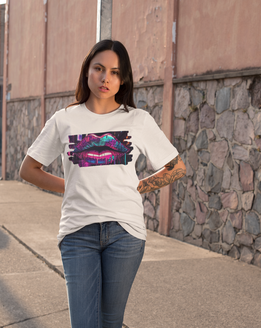 Add a splash of urban flair to your wardrobe with our women's graffiti lips t-shirt, where bold design meets unbeatable comfort. Available in a range of sizes, this tee is a must-have for urban fashionistas and art lovers alike. Step into the world of street art with confidence and make a colourful statement wherever you go. Featuring a dynamic graffiti-inspired design of luscious lips, this tee is a standout piece for those who love to make a statement.